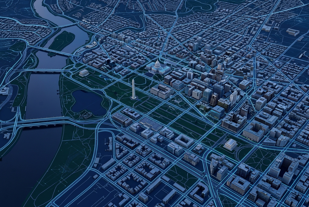 Futuristic 3D map of Washington DC